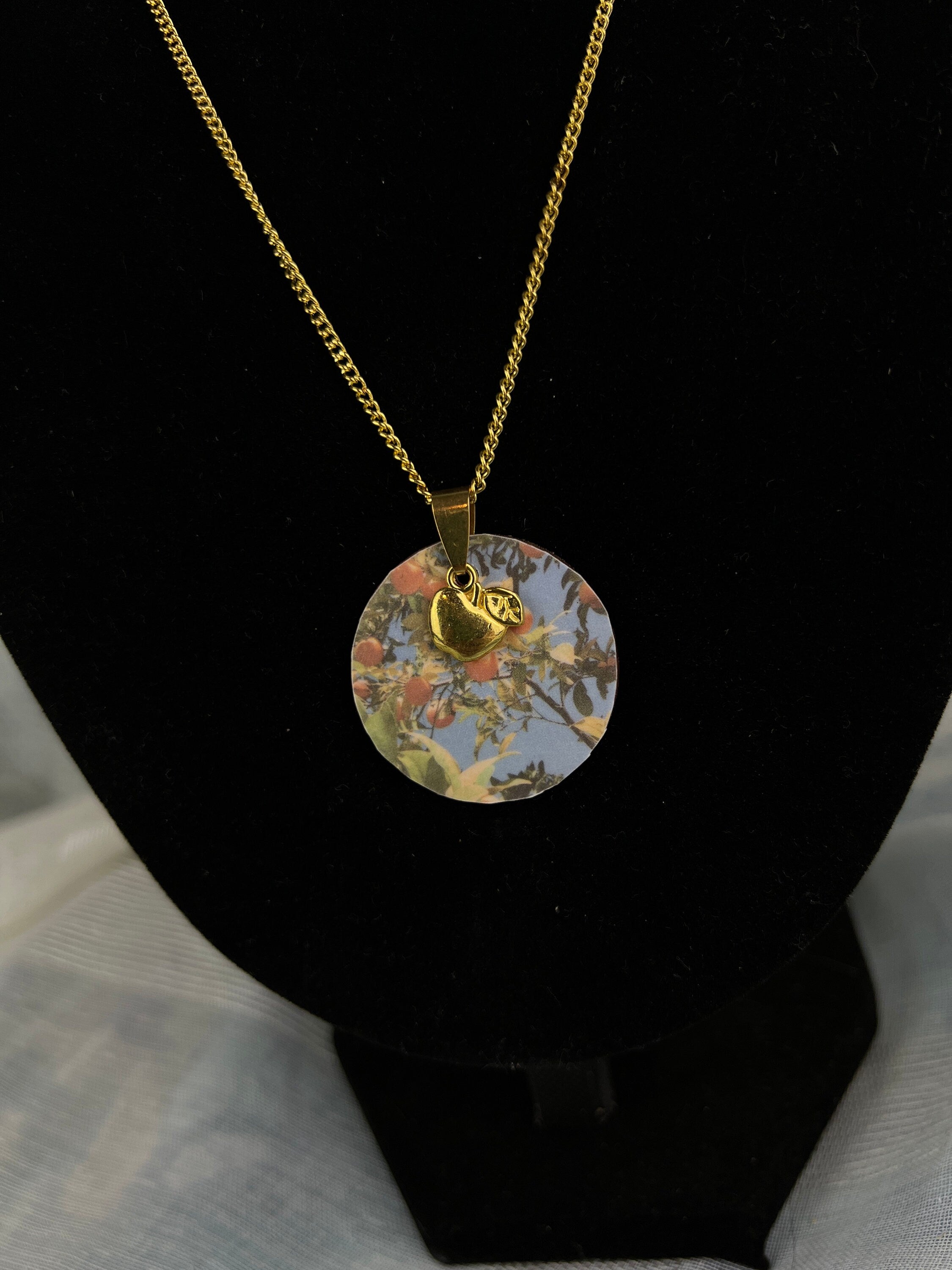 Stainless steel gold chain with gold apple pendant and apple tree pendant