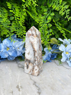 a close-up view of a white rock with a brownish-brown pattern, surrounded by lush green foliage and vibrant blue flowers.