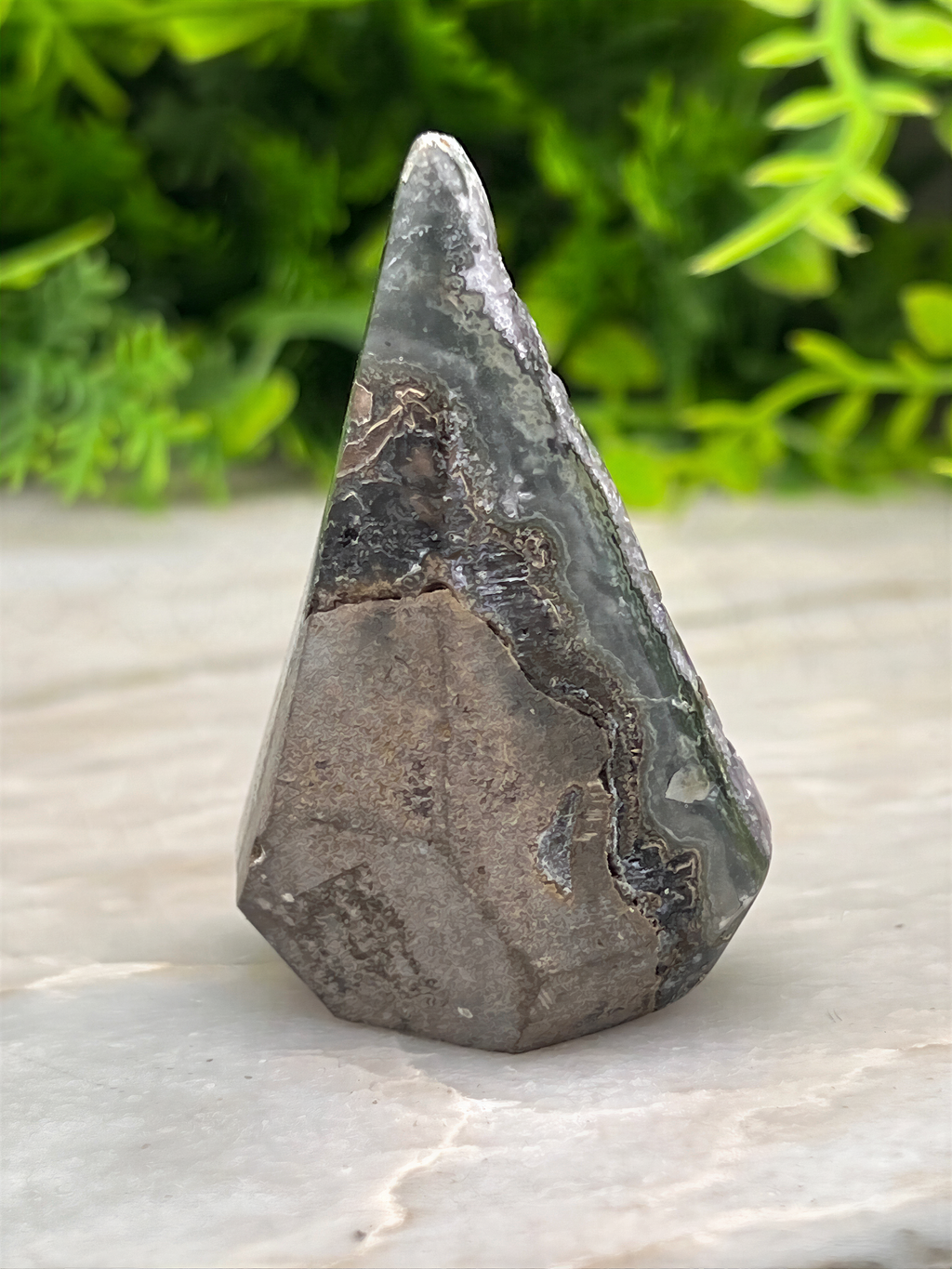 A close-up image of a rock formation with a pointed top, set against a blurred green background.