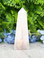 A white, jagged-edged crystal stands in the center of a lush, green background, surrounded by blue flowers.