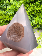 A hand is holding a triangular, clear crystal with a brown, speckled surface, set against a background of green foliage.