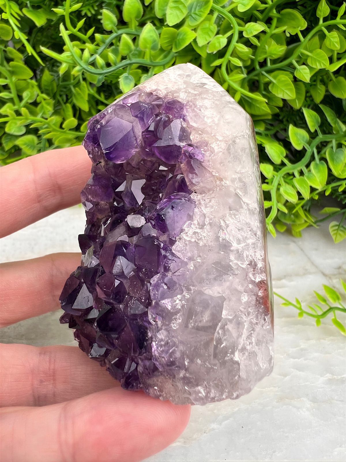 A hand is holding a large piece of amethyst crystal, which is a purple gemstone, against a backdrop of green foliage.