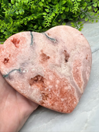 A hand is holding a heart-shaped, pinkish-orange rock with a unique, jagged pattern. The rock is set against a backdrop of green foliage.