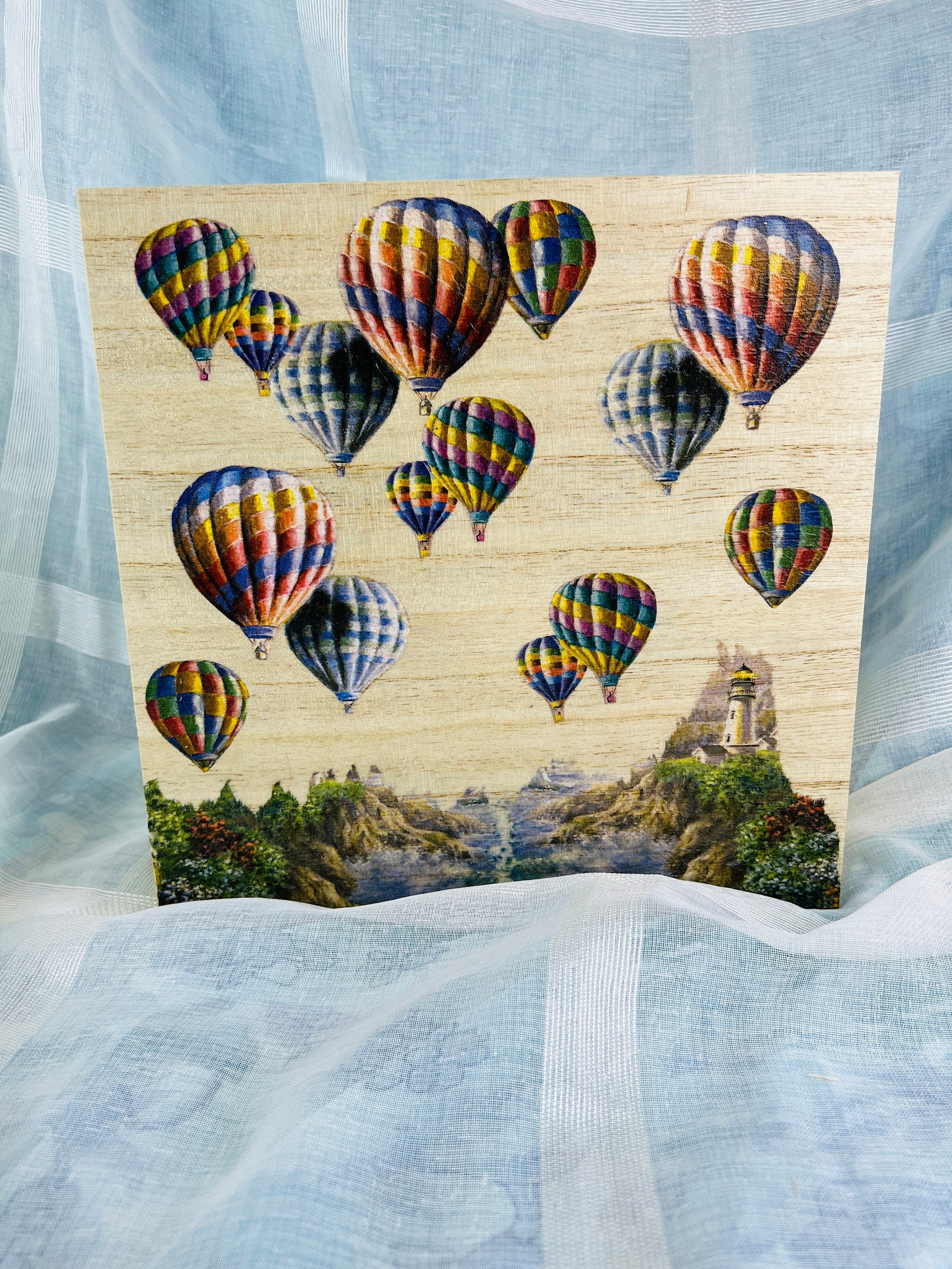 Whimsical Wooden Jewelry Box with Hot Air Balloons - Handcrafted Scenic Landscape