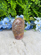 a rock with a floral pattern, surrounded by blue flowers and green foliage.