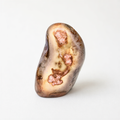 a single, unique rock with a distinctive shape and coloration, standing alone against a plain white background.