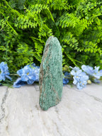 A close-up view of a green rock with a jagged edge, surrounded by lush green foliage and delicate blue flowers.