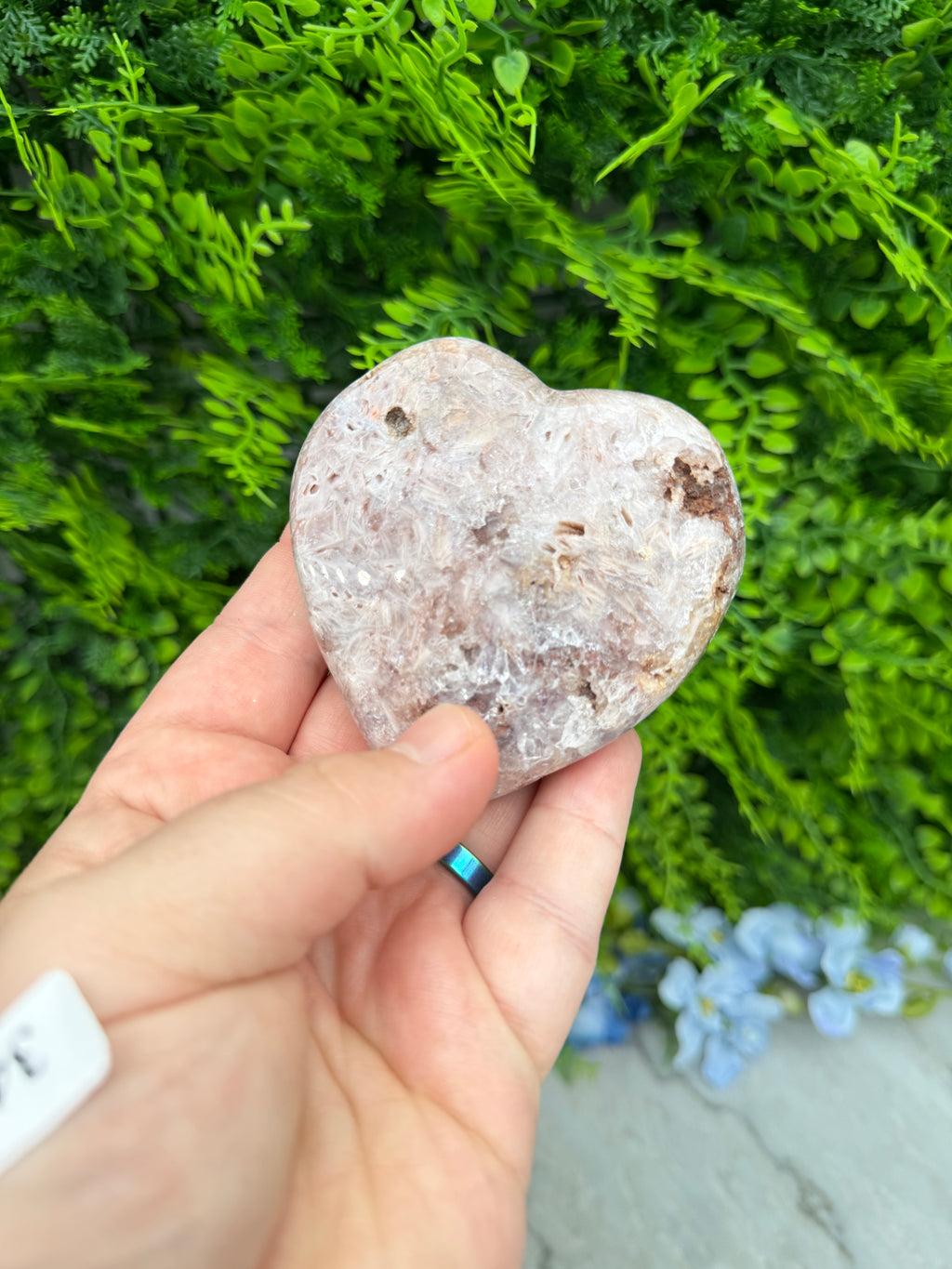 A hand holding a heart-shaped rock against a backdrop of green foliage.