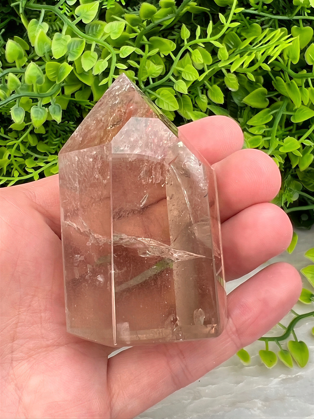 A hand holding a clear crystal with a jagged edge, set against a background of green leaves.