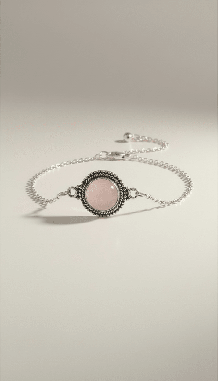 Armband aus 925er Silber mit Rosenquarz – verstellbar von 14,5 bis 18,5 cm von KEY LIME STORE