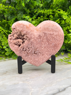 A pink heart-shaped crystal or rock formation is displayed on a stand, surrounded by greenery.