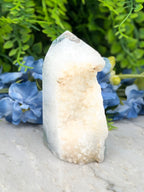 a white crystal with a jagged edge, surrounded by blue flowers.