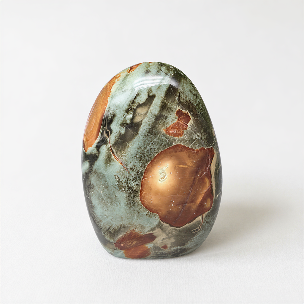 a rock with a unique, colorful pattern of green, orange, and brown hues.