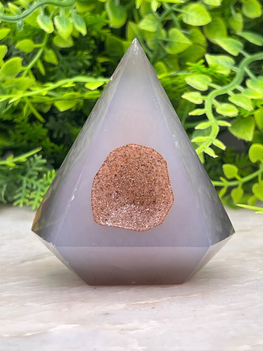 A clear, triangular-shaped object with a brown, speckled surface sits on a white surface, surrounded by lush green foliage.
