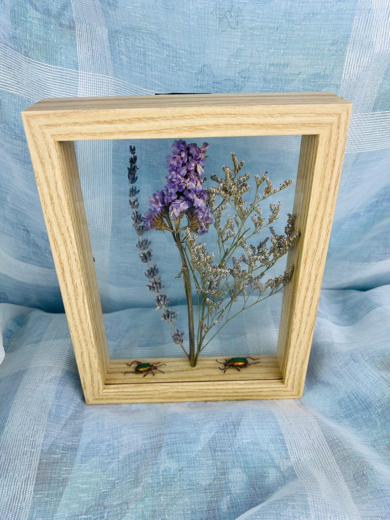 Doppelverglasung mit Holzrahmen, verziert mit Käfern und Trockenblumen von KEY LIME STORE