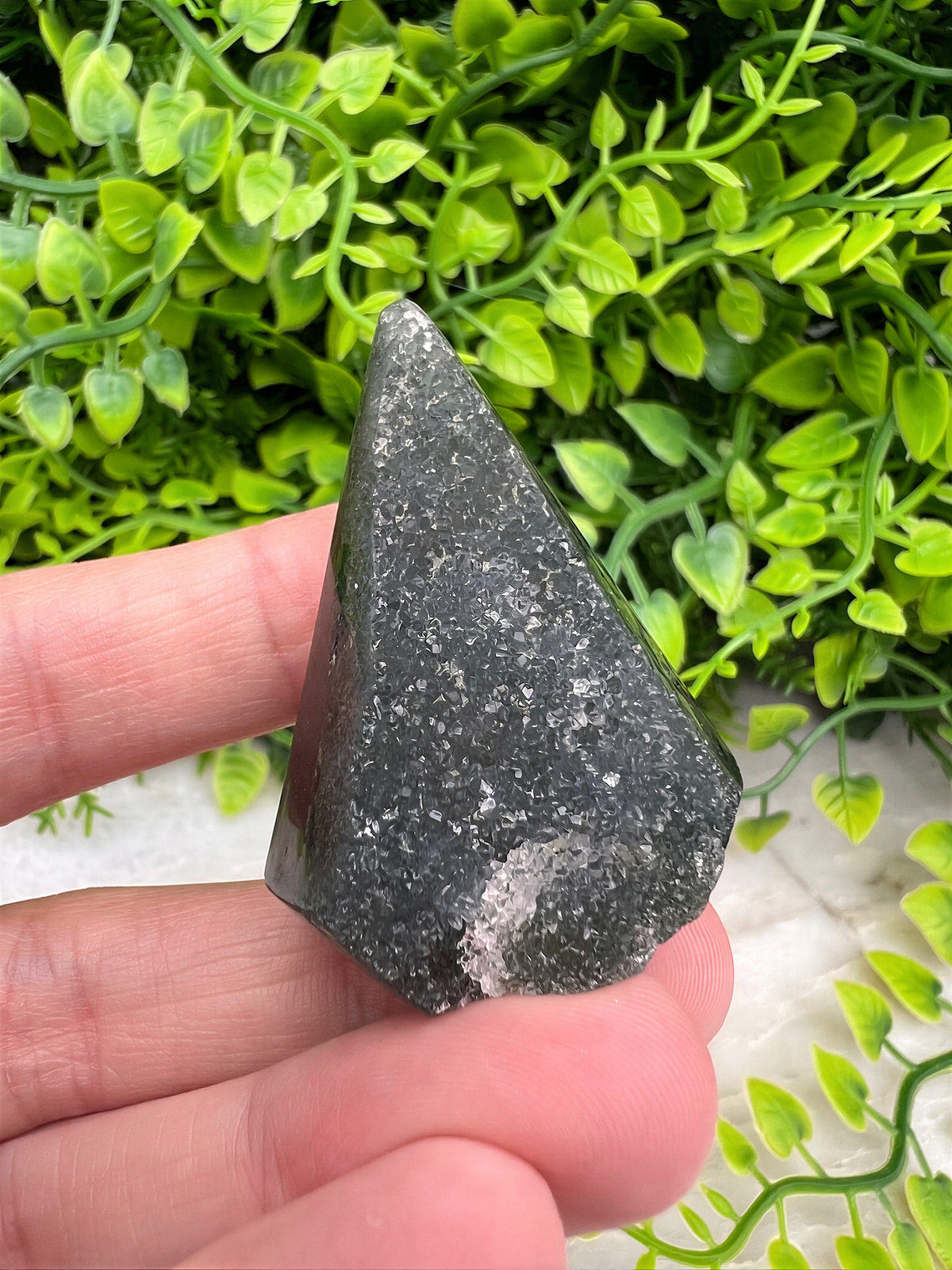 A hand holding a black, speckled rock against a background of green leaves.