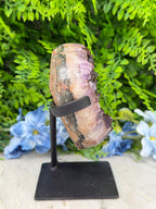 a close-up view of a rock formation with a purple and brown color pattern, surrounded by lush green foliage and blue flowers.
