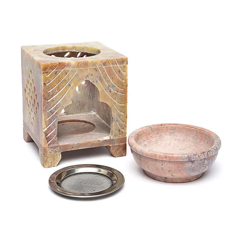 Wierookbrander zeepsteen Levensboom olieverdamper (13x7.5x7.5 cm)