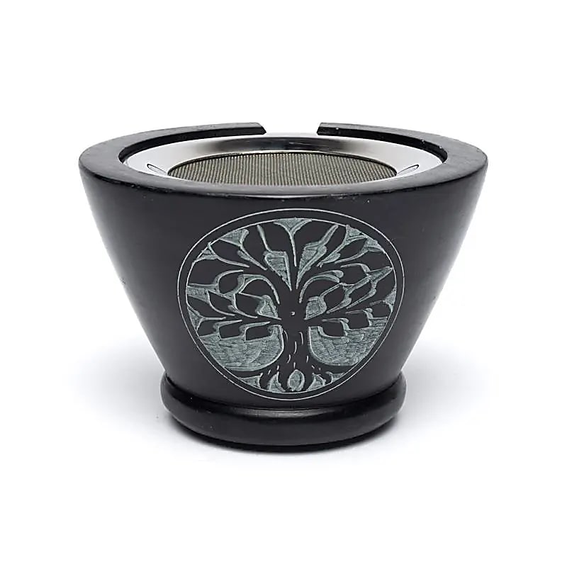 Zeepsteen wierookbrander zwart Levensboom met zeef (7x13 cm)
