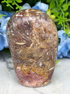a close-up view of a rock with a unique, colorful pattern, surrounded by blue flowers.