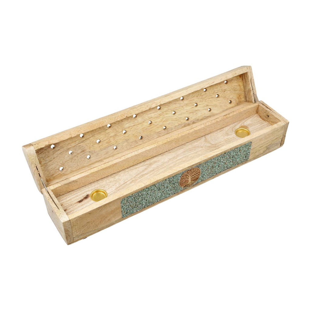 Incense Burner Storage Box: Tree of Life, Amazonite, Mango Wood (31.5 cm)