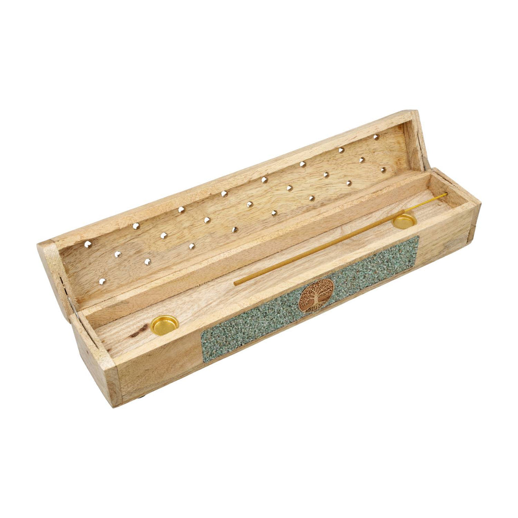 Incense Burner Storage Box: Tree of Life, Amazonite, Mango Wood (31.5 cm)