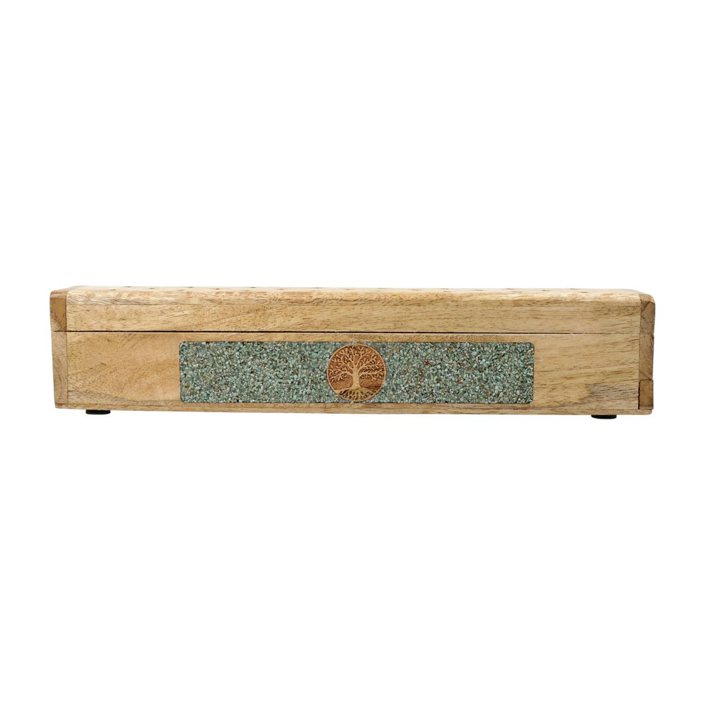 Incense Burner Storage Box: Tree of Life, Amazonite, Mango Wood (31.5 cm)