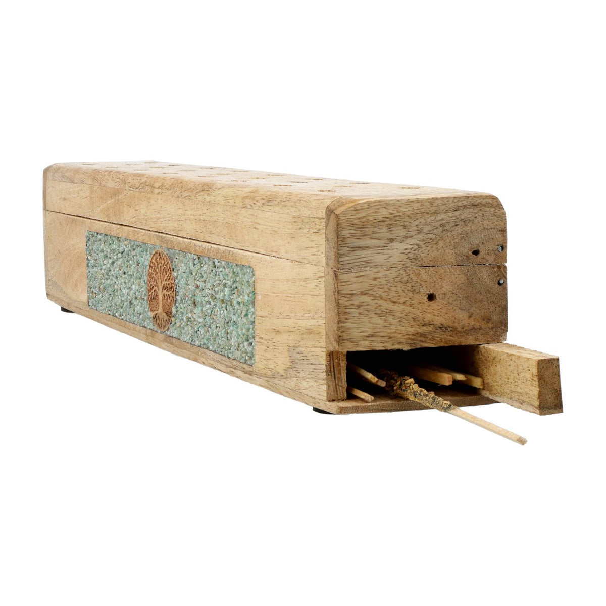 Incense Burner Storage Box: Tree of Life, Amazonite, Mango Wood (31.5 cm)