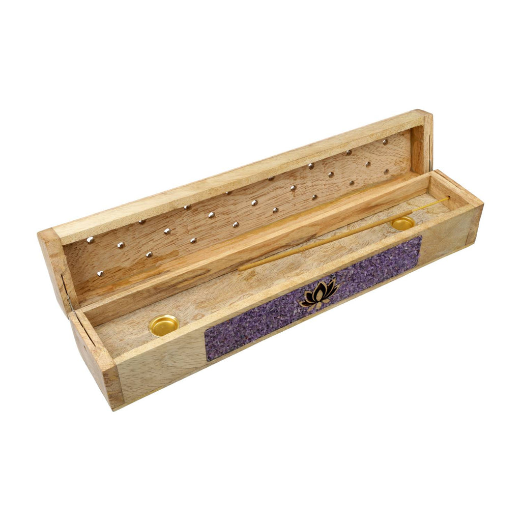 Wierookbrander lotus amethist mangohout opbergdoos (31,5cm)