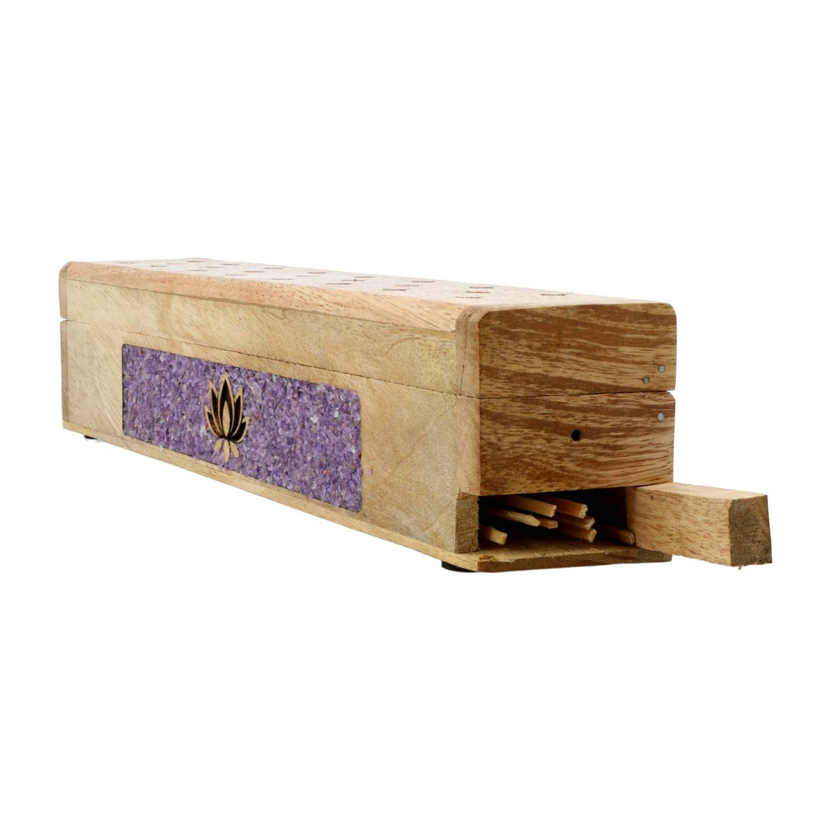 Wierookbrander lotus amethist mangohout opbergdoos (31,5cm)