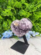 A heart-shaped crystal is mounted on a black stand, surrounded by lush green foliage and blue flowers.