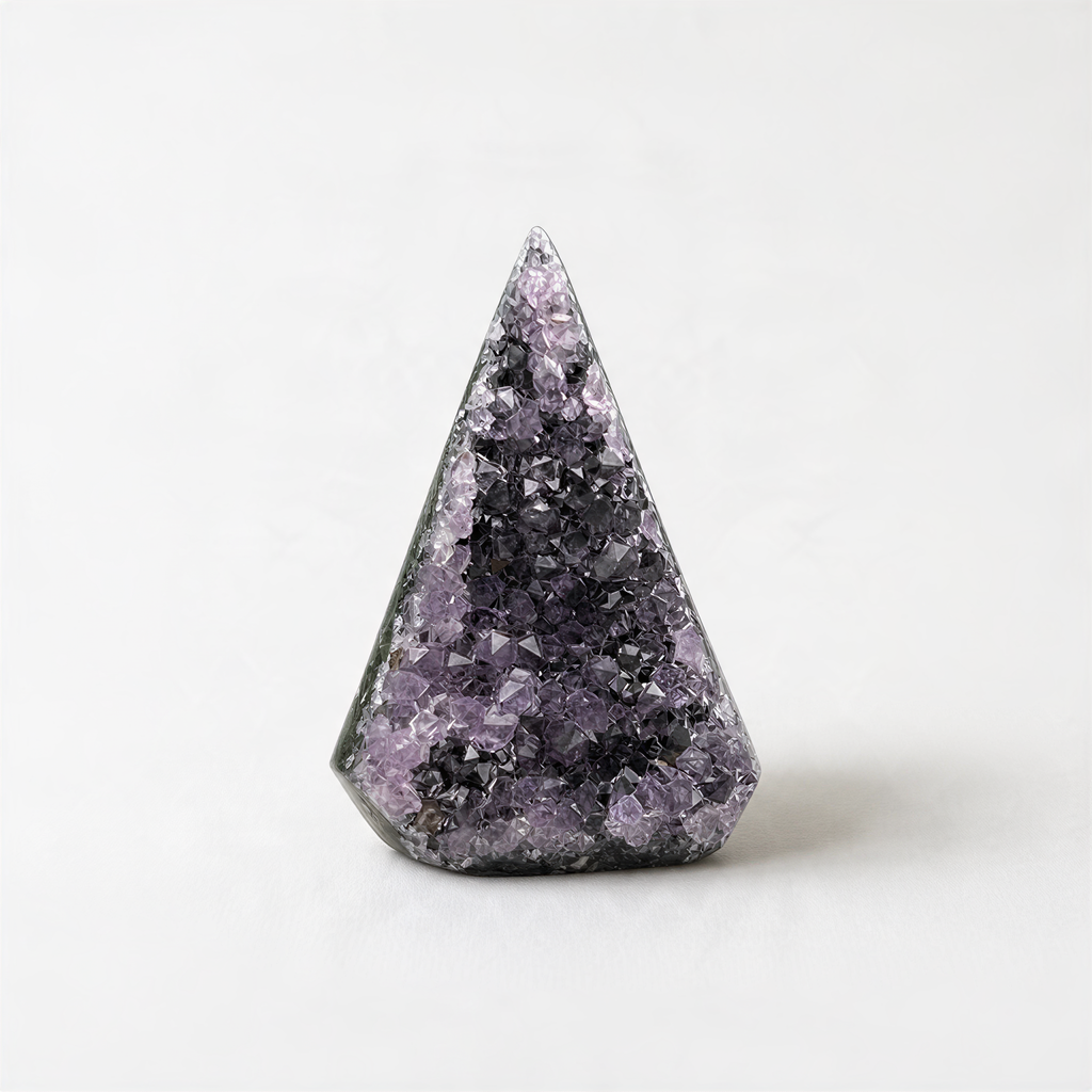 A triangular piece of purple crystal or gemstone with a dark purple hue and speckled with smaller black crystals.