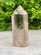 A clear, jagged crystal sits on a marble surface, surrounded by lush green foliage.