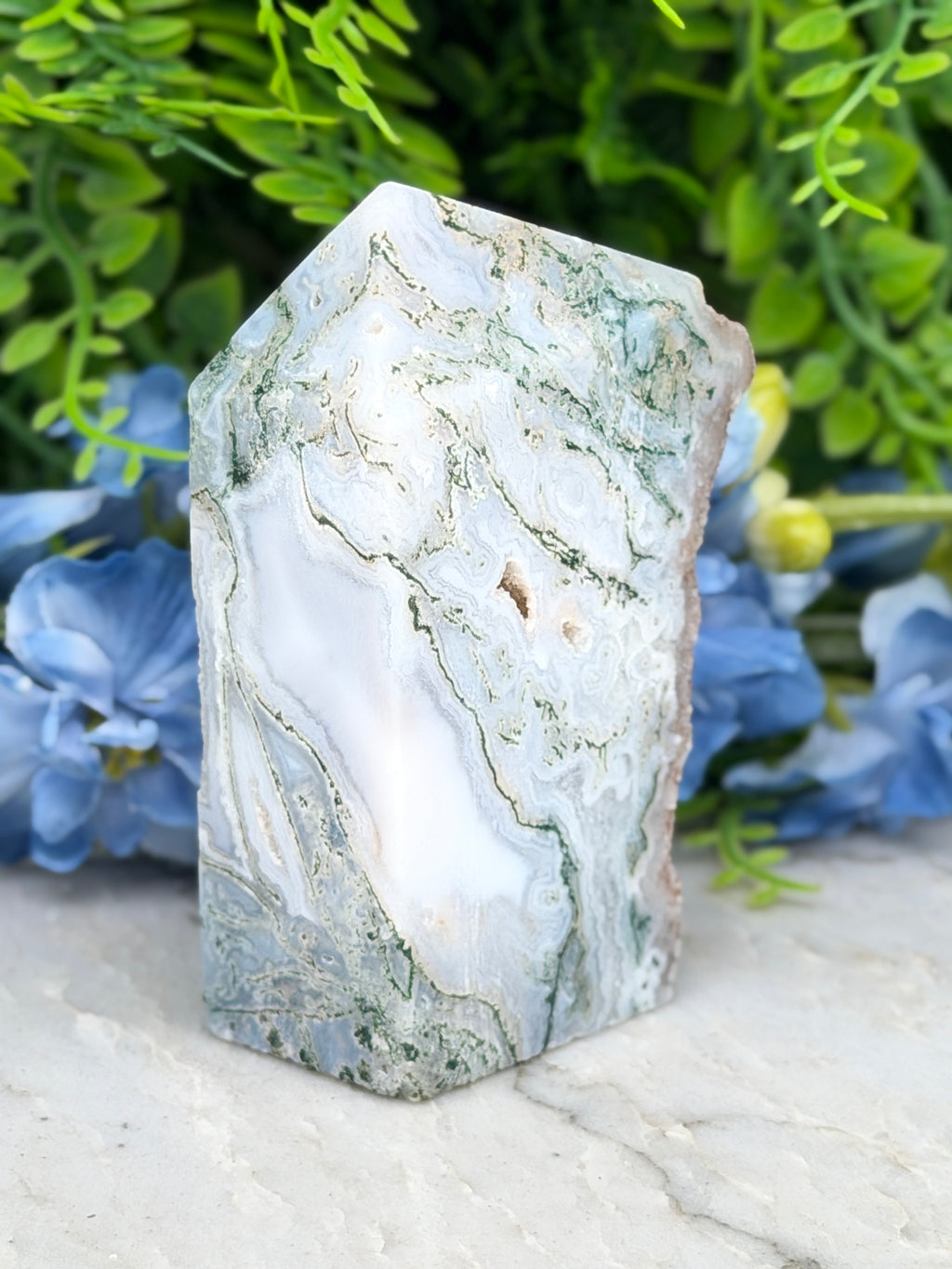a large, jagged, and textured stone with a unique pattern, set against a backdrop of lush green foliage and delicate blue flowers.