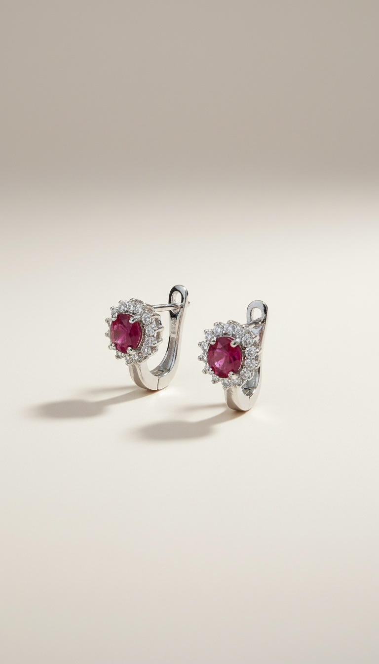 925 Zilveren Oorbellen met Robijnrode Cubic Zirconia en Halo