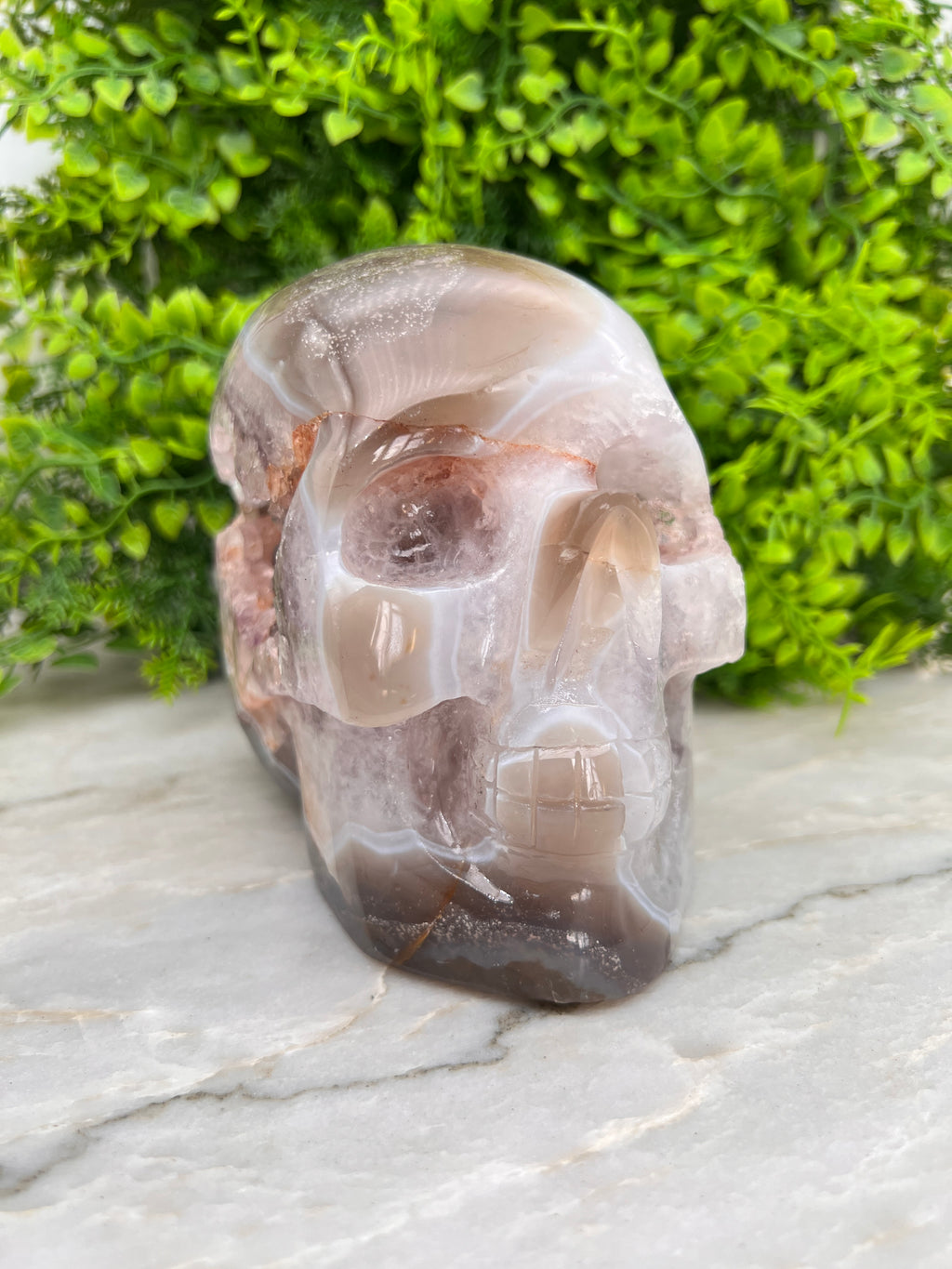 Handgeslepen schedel XL (zeer exclusief) van Amethist, Bergkristal en Agaat