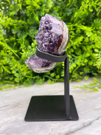 a large piece of purple amethyst on a black metal stand, set against a backdrop of green foliage.