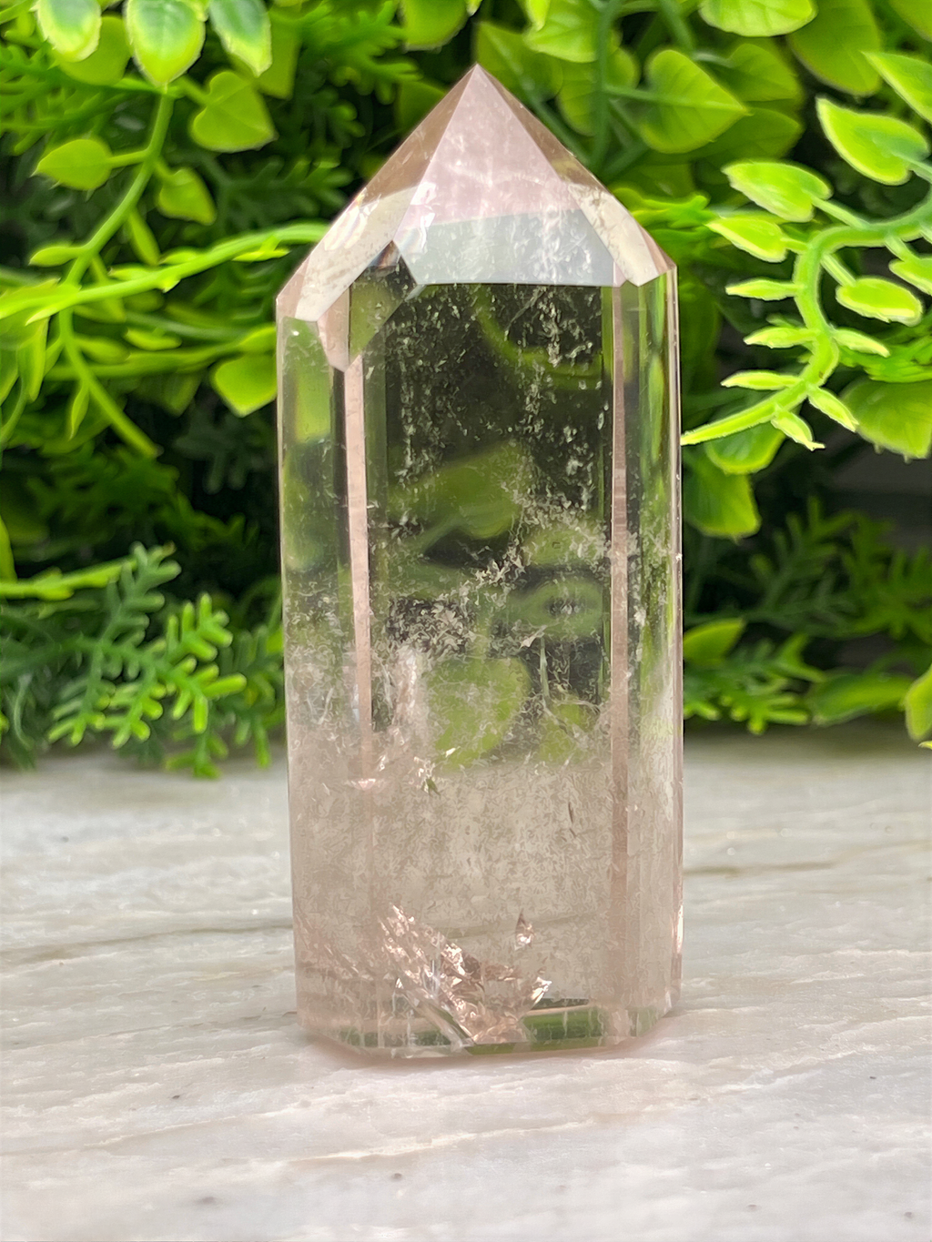 A clear crystal with a pointed top sits on a white surface, surrounded by lush green foliage.