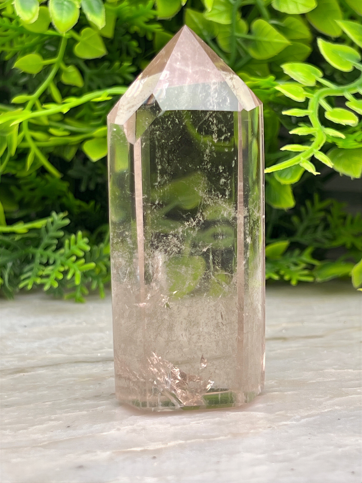 A clear crystal with a pointed top sits on a white surface, surrounded by lush green foliage.