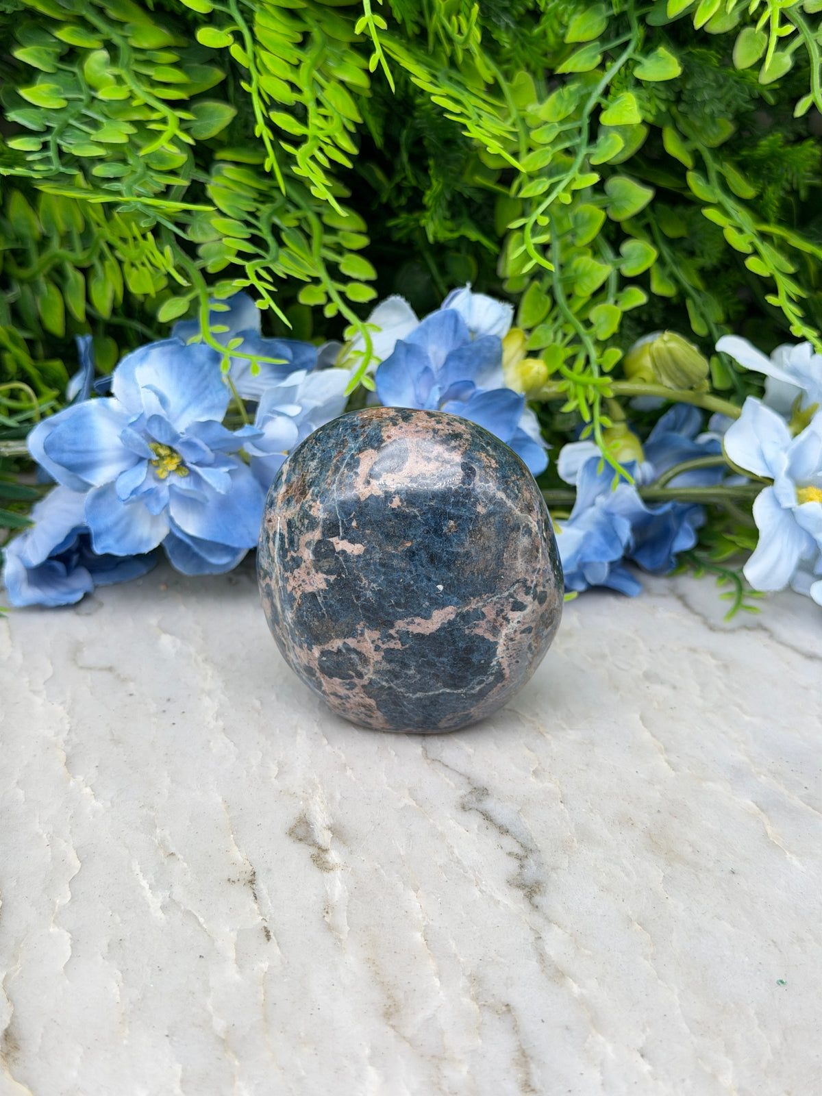 a close-up view of a blue flower and a rock, with the rock positioned in the center of the frame.