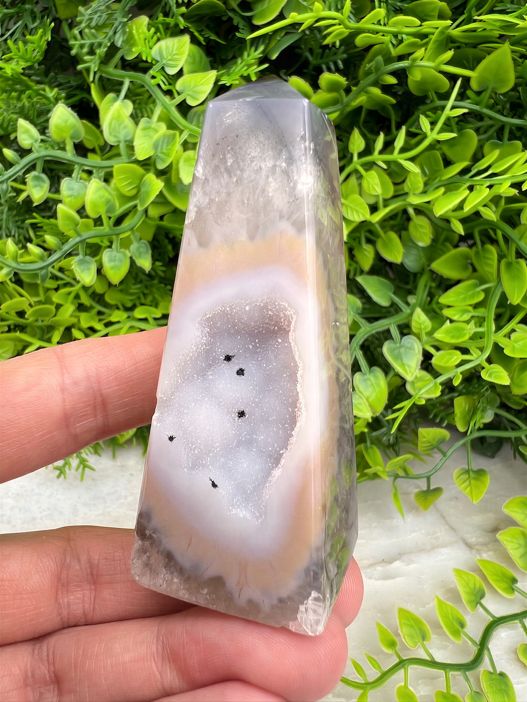 A hand holding a clear geode with a slice of it visible, set against a background of green foliage.