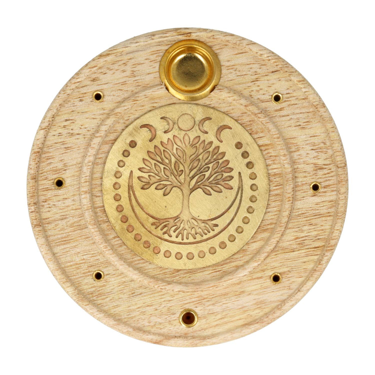 Wierookbrander hout rond Levensboom mangohout messing (10 cm)