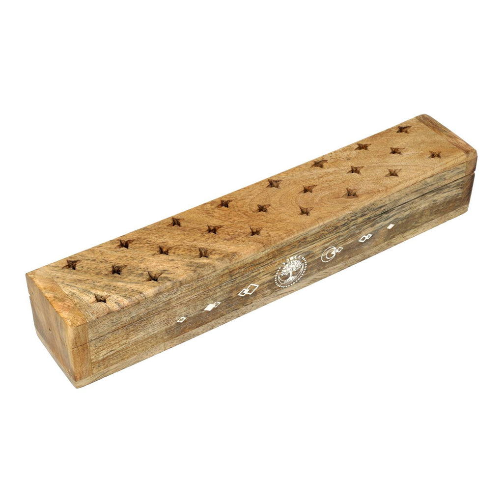 Wierookbrander kistje Levensboom mangohout whitewash (31x6x5 cm)