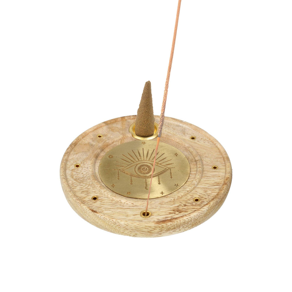 Wierookbrander alziend oog rond mangohout messing (10 cm)