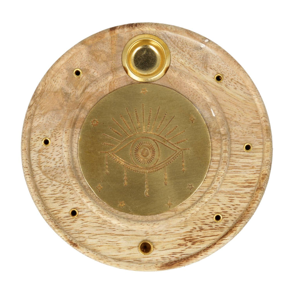 Wierookbrander alziend oog rond mangohout messing (10 cm)