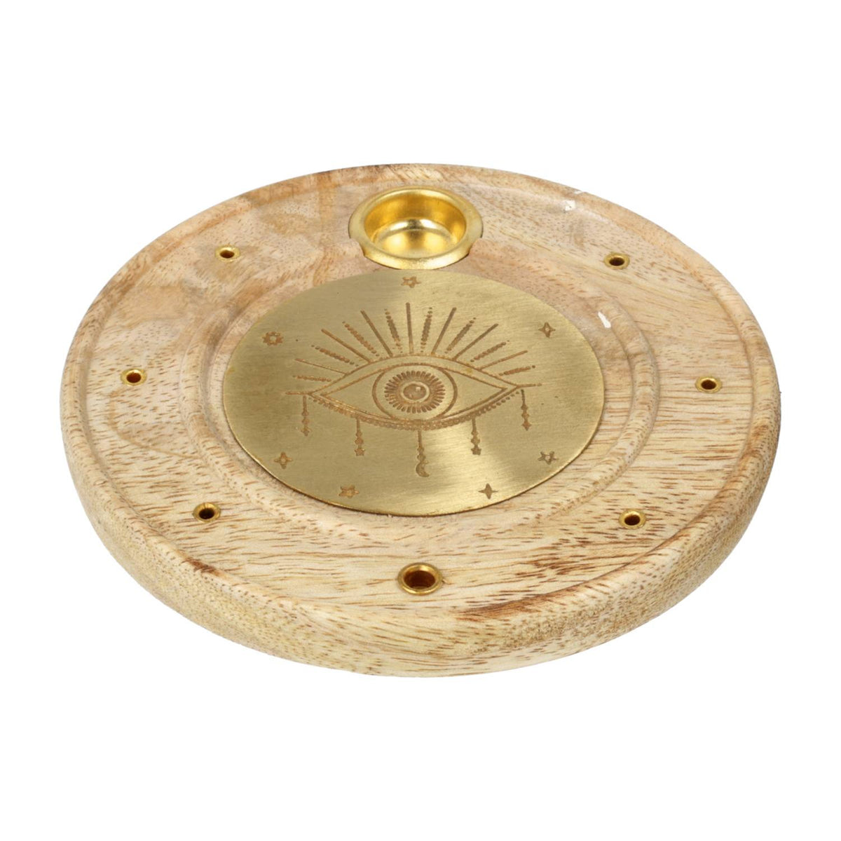 Wierookbrander alziend oog rond mangohout messing (10 cm)