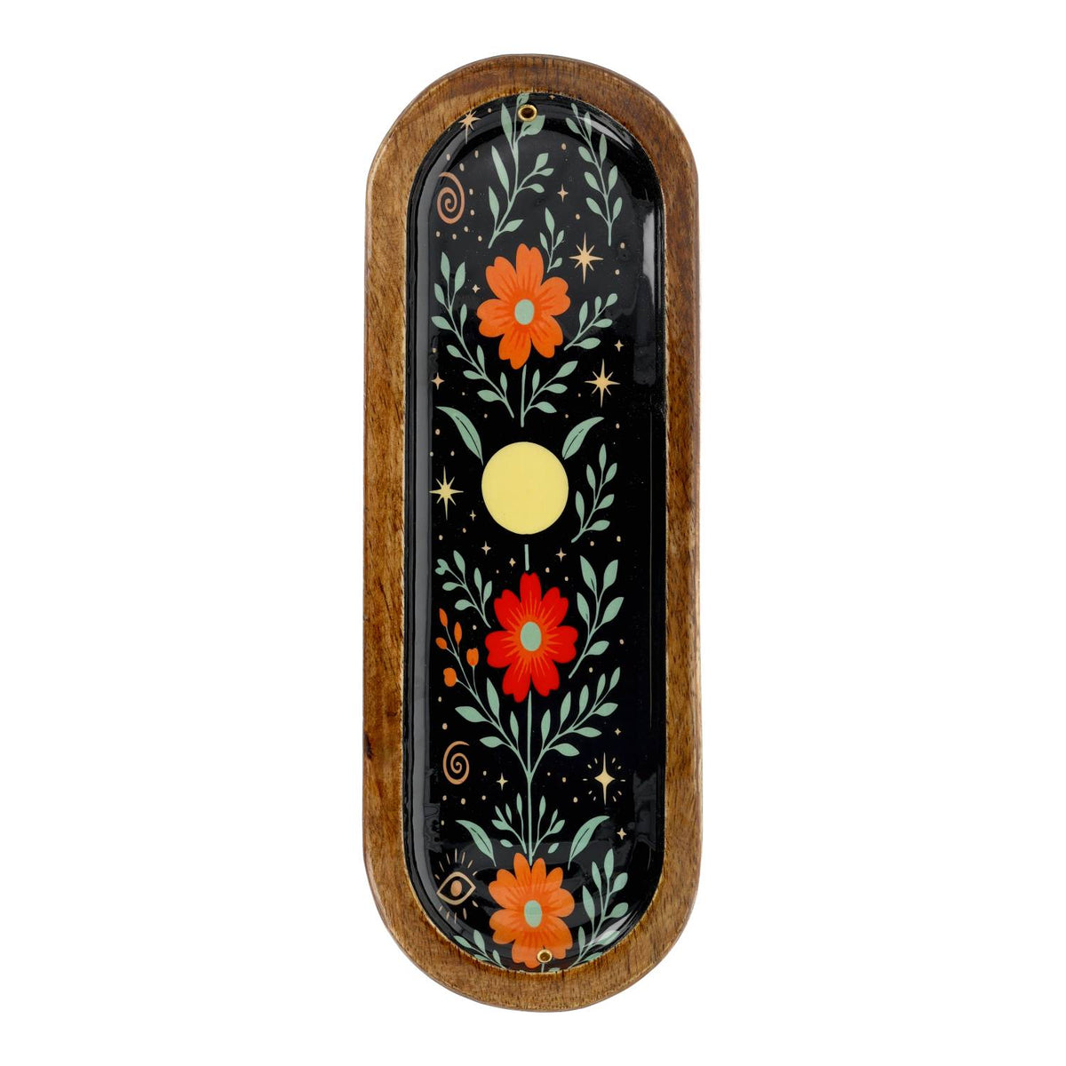 Wierookbrander mangohout bloemmotief zwart (28x9,5cm)