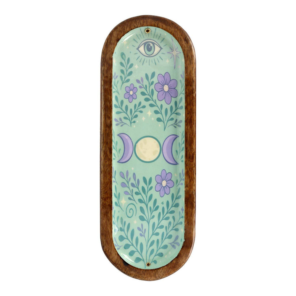Wierookbrander maan turquoise schaaltje mangohout (28x9,5cm)