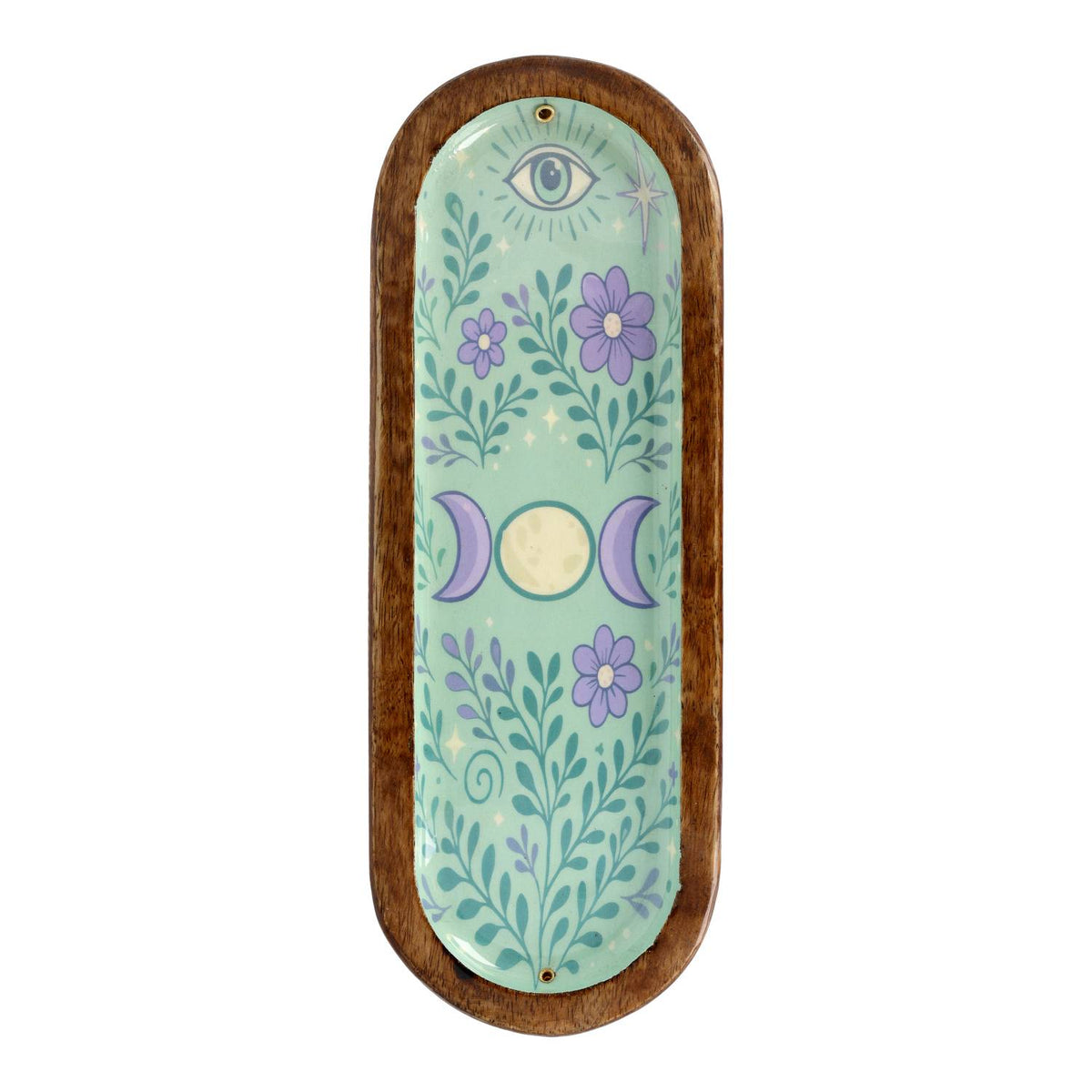 Wierookbrander maan turquoise schaaltje mangohout (28x9,5cm)