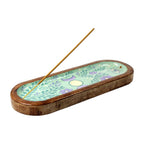 Wierookbrander maan turquoise schaaltje mangohout (28x9,5cm)